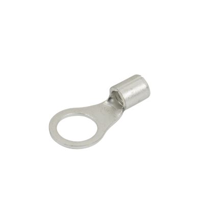 Non-insulated copper tin plated ring terminal with open circular connector and a crimp end for wire attachment.