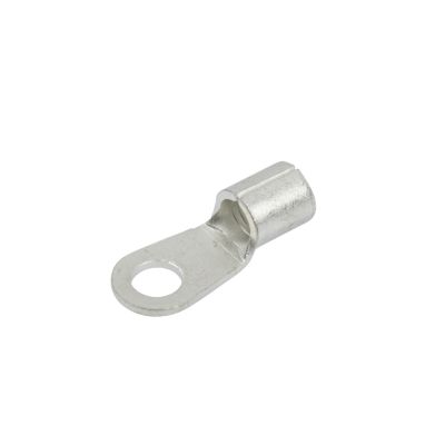 Non-insulated copper tin plated ring terminal with hole for stud connection, suitable for 6-gauge wiring applications.