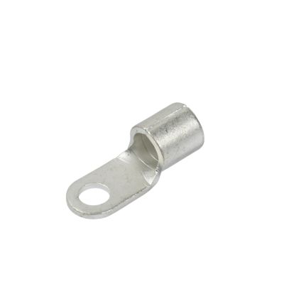 Copper tin plated ring terminal with a circular hole for a stud. Non-insulated, designed for electrical connections.