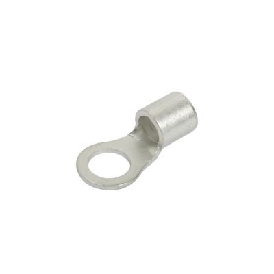 Non-insulated copper tin plated ring terminal featuring a circular open end and tubular connector for electrical wiring.