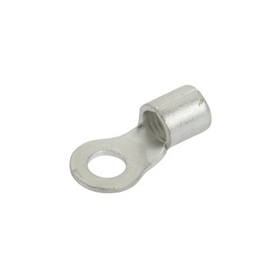 Non-insulated copper tin-plated ring terminal with circular connector opening and tube end, ideal for electrical connections.