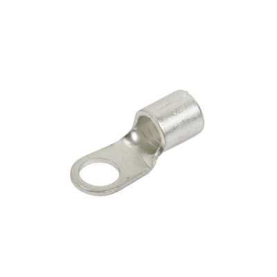 Non-insulated copper tin plated ring terminal with a circular opening and sturdy barrel for electrical connections.