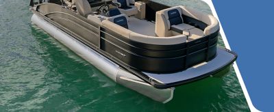 The Harris Cruiser floating in the water with a blue accent on the right side of the image