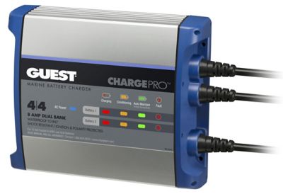 Guest 2707A marine battery charger, highlighting dual bank capacity, controls, and LED indicators.