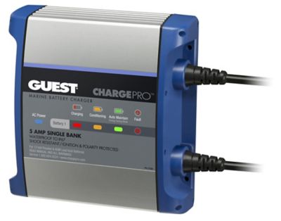 Marine battery charger with dual cables, status indicators, and durable blue casing for efficient onboard charging.