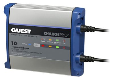 Marine battery charger with LED indicators, durable design, and dual cables for efficient power management.