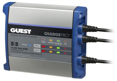 Marine battery charger, dual bank, with indicator lights and multiple cord connections, designed for durability and efficiency.