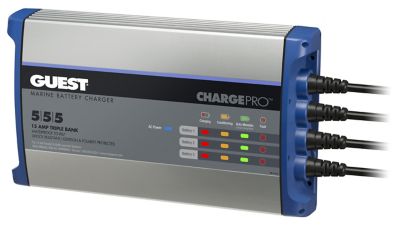 Marine battery charger with LED indicators and multiple charging ports for 15 Amp, 12 Volt system, designed for on-board use.