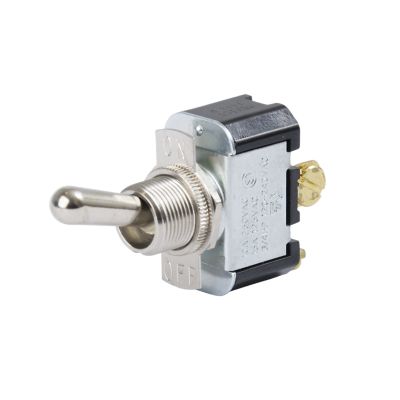 Toggle switch by Carling Technologies, SPST On-(Off), featuring a metal lever and screw terminals for secure connections.