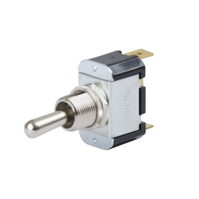 Toggle switch by Carling Technologies, SPDT, metallic lever, black and silver casing.