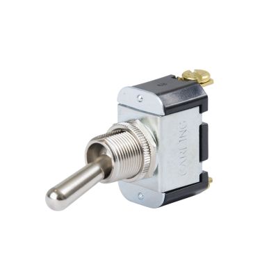 Metal toggle switch by Carling Technologies with a polished lever and screw terminals. SPDT On-Off-(On) configuration.