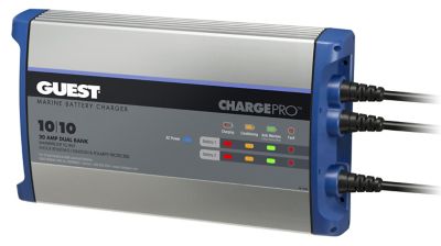Marine battery charger with dual bank display and multiple LED indicators for charge status.