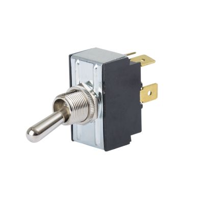 DPST On-Off toggle switch by Carling Technologies with metal lever and blade terminals.