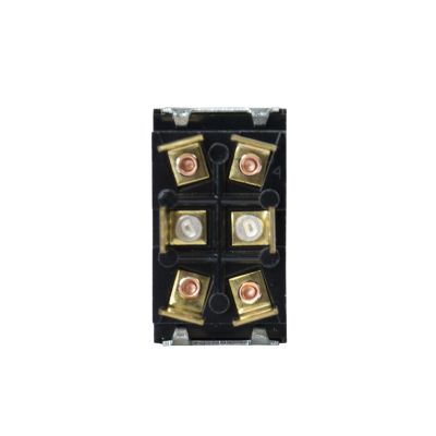 Carling Toggle Switches G-Series DPDT with metal and copper connectors on a black base, showcasing its rear wiring terminals.