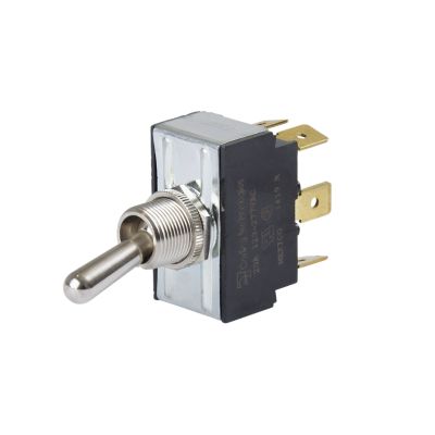 Carling G-Series DPDT toggle switch with a metal lever and sturdy black housing, featuring multiple brass terminals.