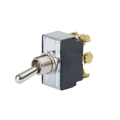 DPDT toggle switch with metallic body and gold screw terminals, ideal for electronic switching applications.