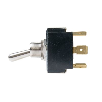 Carling G-Series DPDT toggle switch, metallic lever, black casing, and gold terminals, side view.