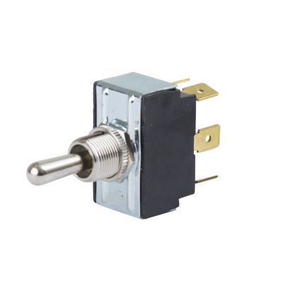 Toggle switch by Carling Technologies, DPDT On-Off-On functionality, silver casing, with blade terminals.