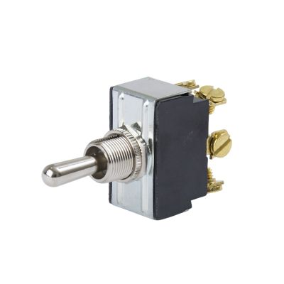 Toggle switch by Carling Technologies, DPDT design with metallic lever and gold screws for On-Off-On functions.