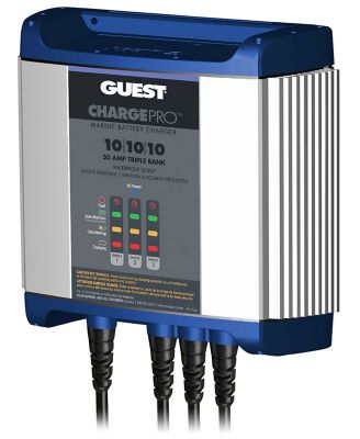 Guest 2731A marine battery charger, blue and silver design, displays charging status for three banks, waterproof.