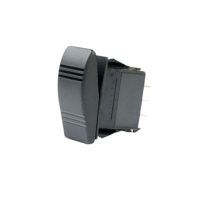 Rocker switch by Carling Technologies, SPDT, On-Off-On, non-lit design, showcasing side view and connection pins.