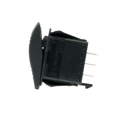 Side view of a Carling Contura III SPDT Non-Illuminated Rocker Switch, black casing with metal terminals.