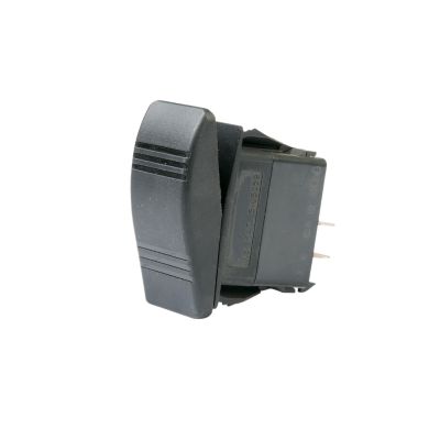 Black Carling Technologies SPST rocker switch, non-lit, with a smooth surface and minimal design, shown in a side view.