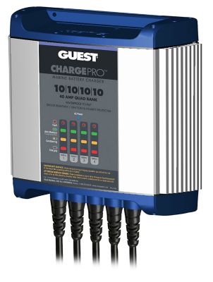 Marine onboard battery charger with a blue casing, multiple connection ports, and a digital LED indicator panel.