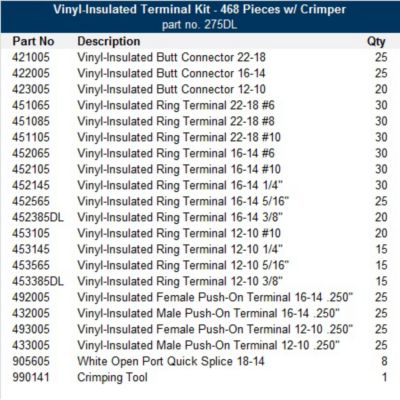 Vinyl Terminal Kit with Crimper, 468 Pieces: Includes various connectors and terminals for electrical projects.
