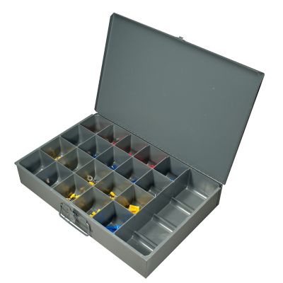 Open gray box showing assorted vinyl terminals organized in compartments, part of a 468-piece kit.