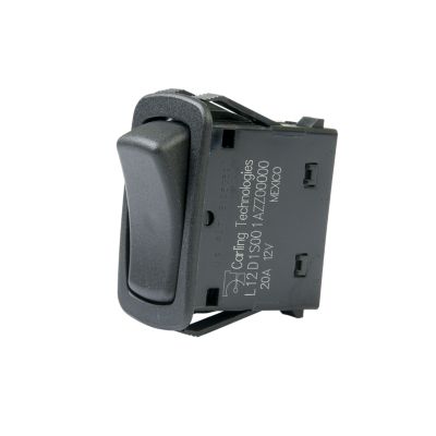 Rocker switch by Carling Technologies, SPST on-off, featuring black non-lit design and tab terminals.