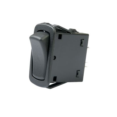 Black rocker switch, DPDT, On-Off-On, featuring non-lit tabs and a sturdy design for versatile electrical applications.