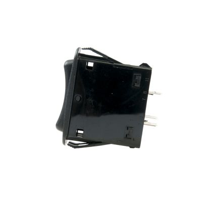 Red SPDT Full Size Rocker Switch with On-On functionality, side view showcasing connector pins and black casing.