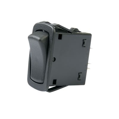 Black Carling Technologies DPDT rocker switch, non-lit, with multiple tabs, shown in an angled view against a white background.