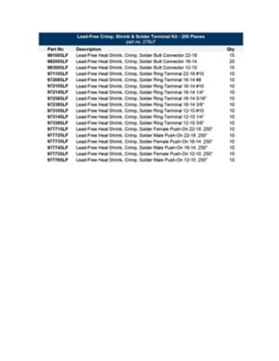 Lead-Free Heat Shrink, Crimp, & Solder Terminal Kit chart displaying part numbers and descriptions for 200-piece set.