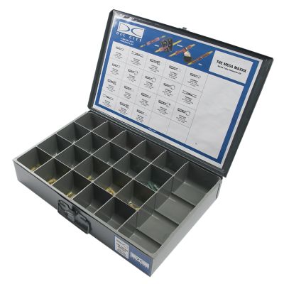 Lead-Free Heat Shrink, Crimp, & Solder Terminal Kit in organized storage box with compartments and labeled lid guide.