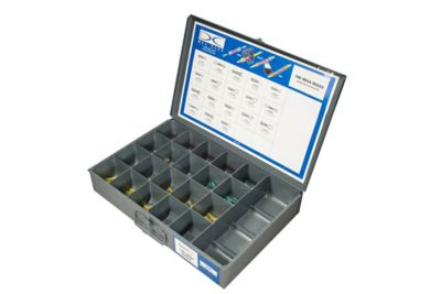 Open metal case with organized compartments containing crimp, shrink, and solder terminal kits, shown with a labeled diagram.