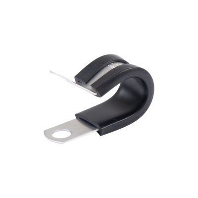 Aluminum loom clamp featuring black protective coating, showcasing durability and functionality for securing cables and wires.