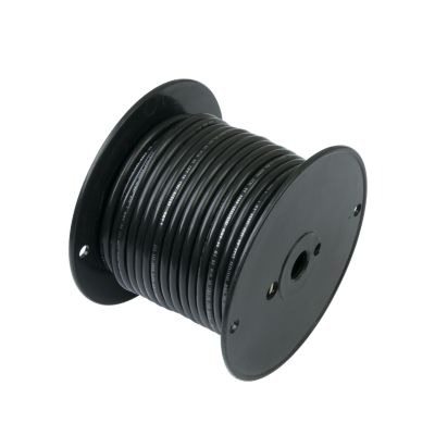 Black marine grade tinned wire on a spool, showcasing durable construction for marine applications.