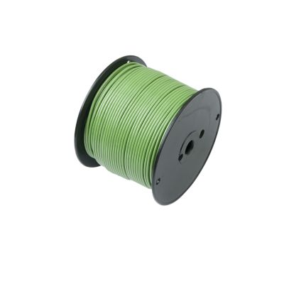 Green RVI wire on a spool, ideal for electrical projects, featuring a durable coating and flexible design.