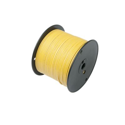 Yellow RVI wire spool, 18 gauge, neatly wound on a black reel, ideal for electrical and wiring applications.