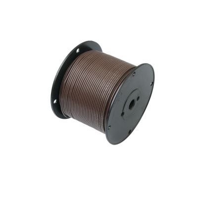 Spool of brown RVI wire, coiled neatly, ideal for electrical applications, presented on a black plastic reel.