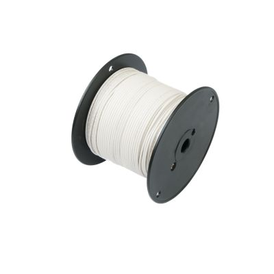 Spool of white RVI wire on black reel, highlighting its sleek design and versatile use in electrical applications.