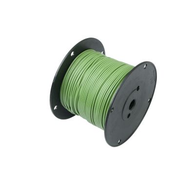 Green 14 gauge RVI hook-up wire on a spool, ideal for electrical projects and installations.