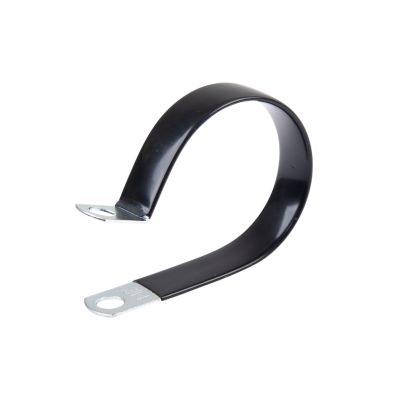 PVC coated loom clamp with curved metal design, featuring a sleek black finish and a mounting hole for secure attachment.
