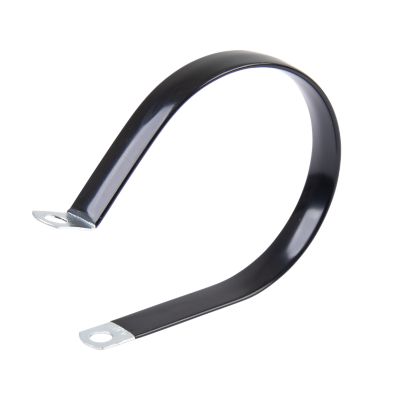Vinyl coated loom clamp with a sleek black finish, designed for secure and durable cable management in various applications.