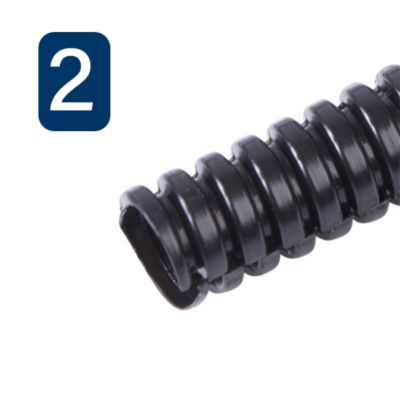 Black standard split loom tubing with a coiled design, highlighting its flexibility and durability for wire protection.