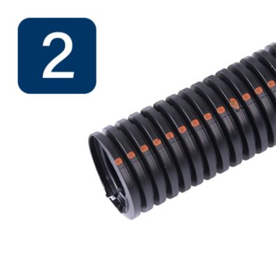 Black UV resistant high-temp split loom with ridged texture and visible orange line, ideal for wire protection.