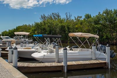 Variety of boats docked on a sunny day with lush greenery and blue skies in the background.