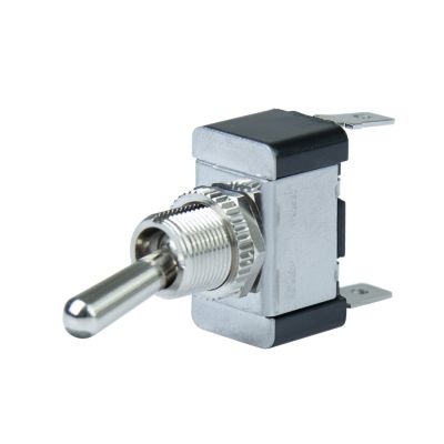 Chrome toggle switch with on-off function featuring metal lever and blade terminals.